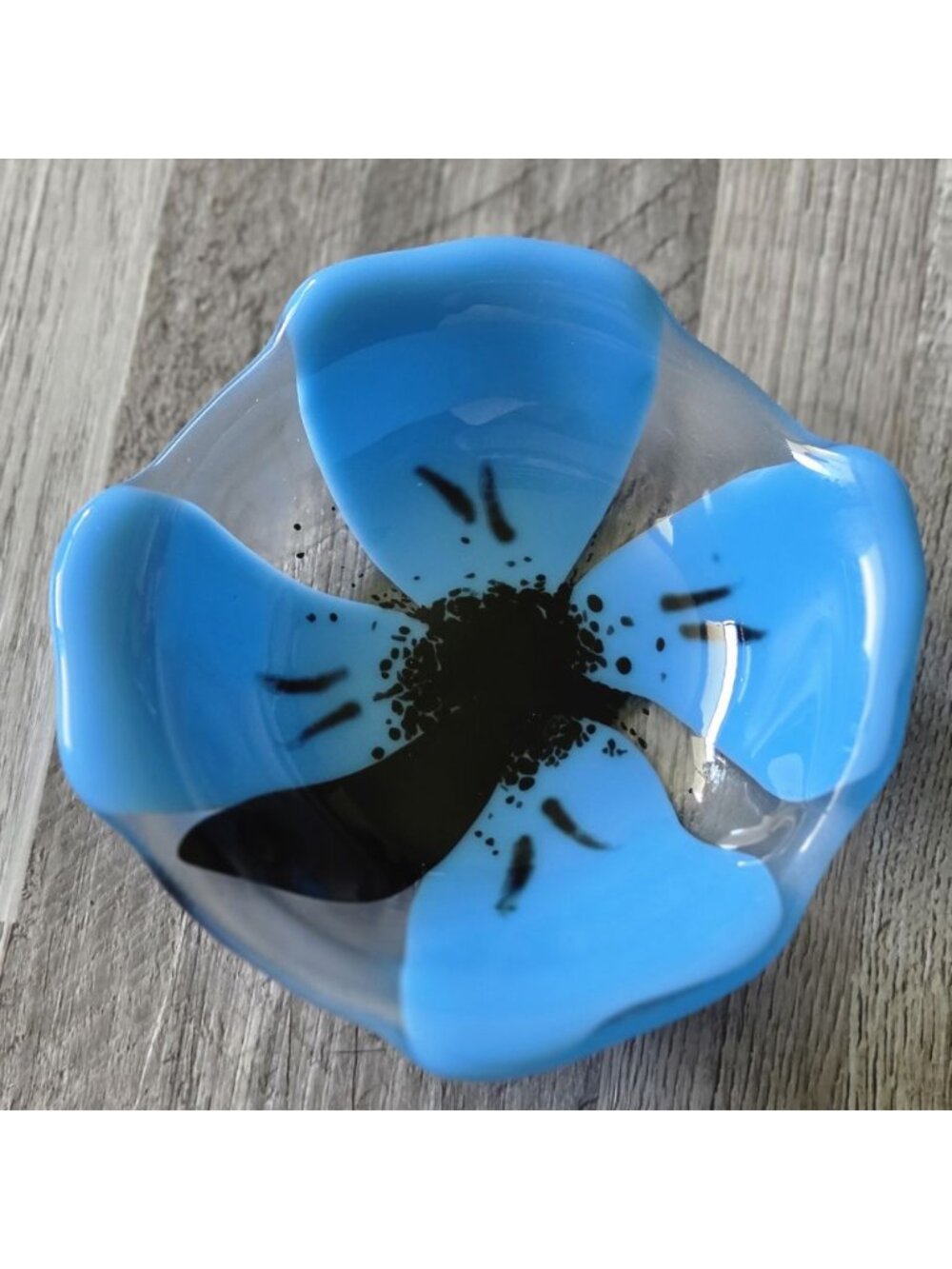 Handmade 5.5" Art Glass Poppy Bowl Blue Black Flower Dish Studio Catchall